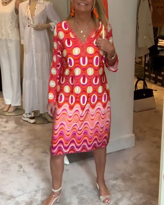 Robe décontractée ample imprimée à col en V et à manches longues