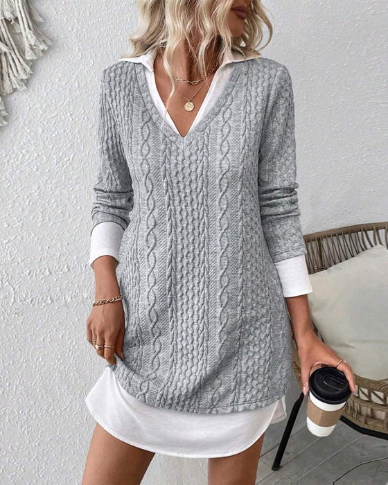 Robe Col Chemise Faux Deux-Pièces Tricot