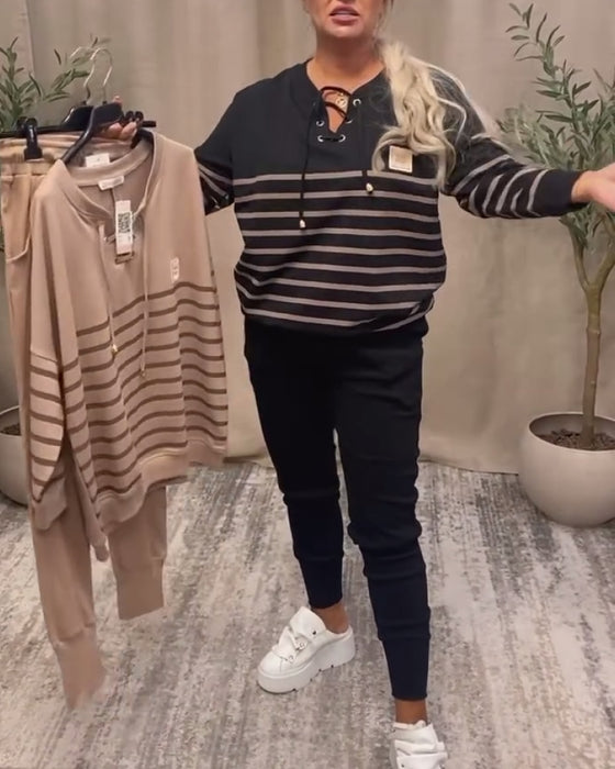 Ensemble Deux Pièces Décontracté Pantalon De Sport Rayé À La Cheville