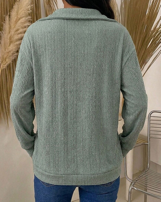 Top Col Rabattu Zip Diagonal Manches Longues