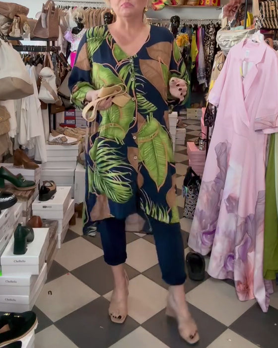 Robe Ample À Imprimé Feuillage Et Col En V