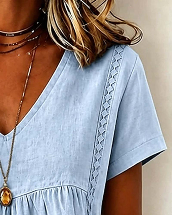 Blouse Col V Froncé Manche Courte