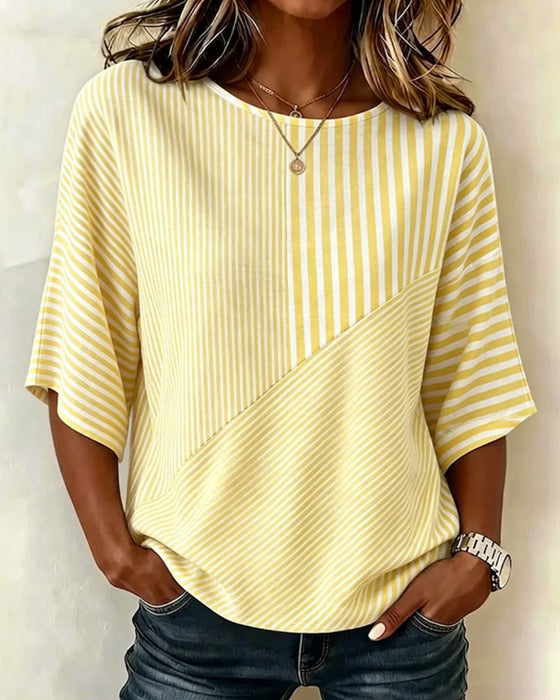 T-Shirt Rayé Col Rond Bloc De Couleur