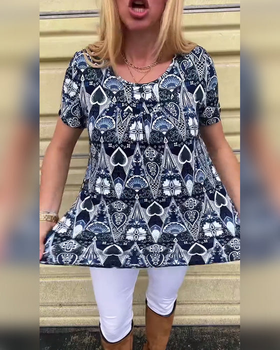 T-shirt décontracté rétro col rond imprimé