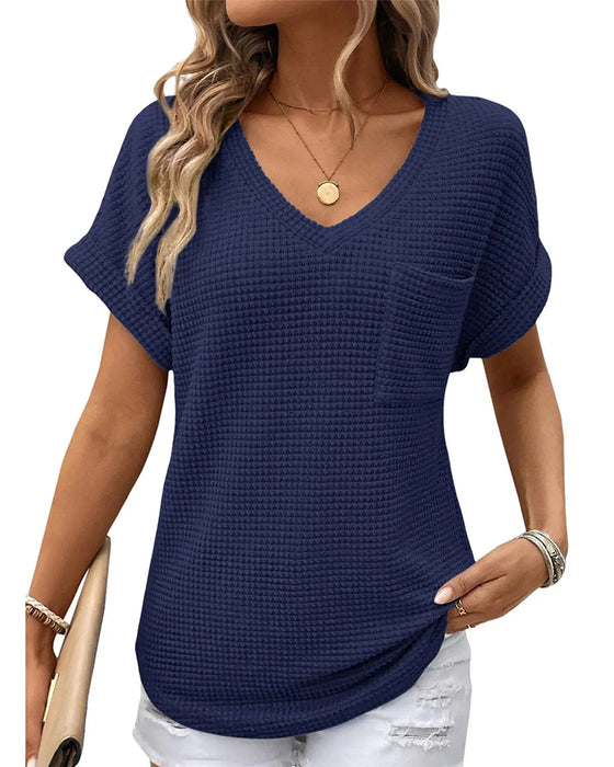 T-Shirt Femme Maille Gaufrée Col V Décontracté Été