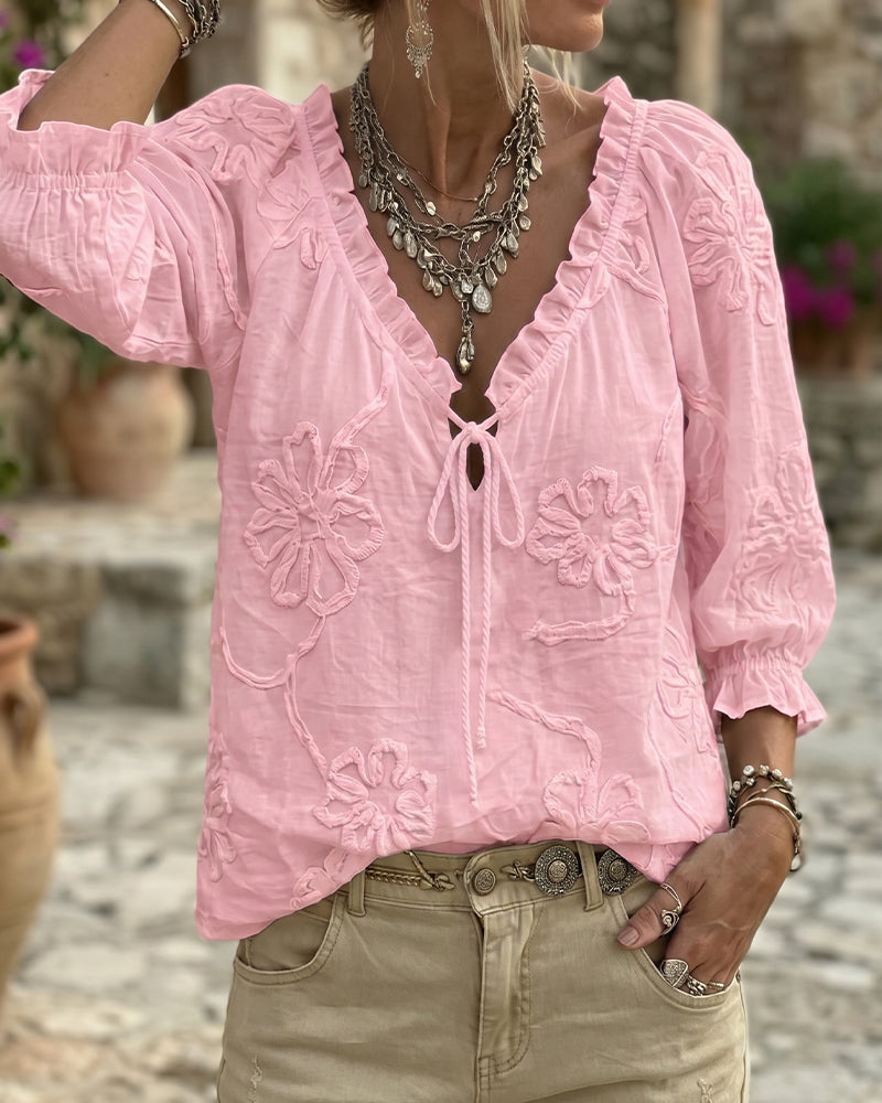 Blouse 100% Coton Col-V Enveloppante À Nœud Volantée