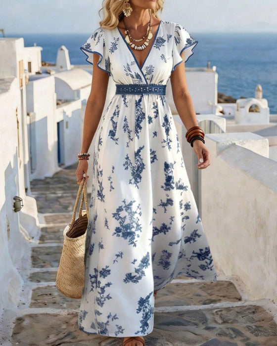 Robe Col V Taille Cintrée Florale Maxi