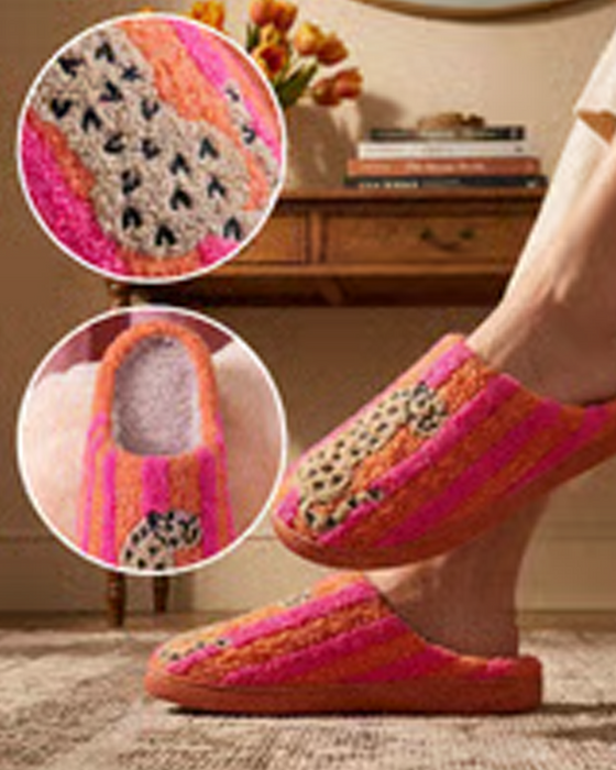Damen Retro Gestreift & Leopard Flauschige Pantoffeln