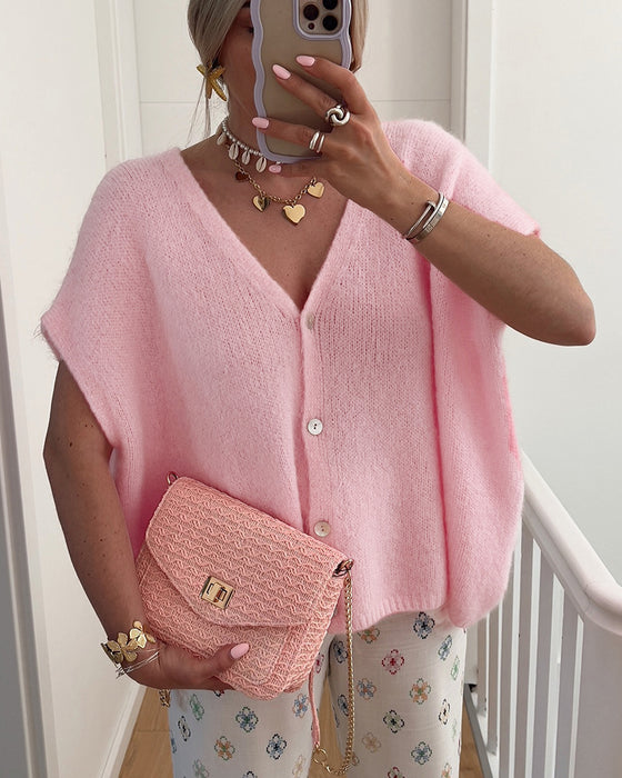 Cardigan Sans Manches Col En V Boutonnage Devant Pull