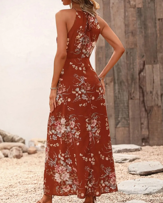 Robe Halterneck Fente Tailleur Imprimé Fleuri