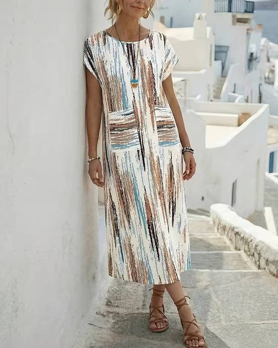 Robe Col Rond Rayure Verticale Imprimé