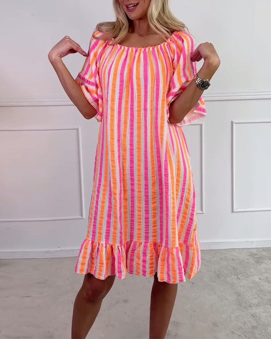 Robe Col Rond Rayée Plissée Coupe Droite