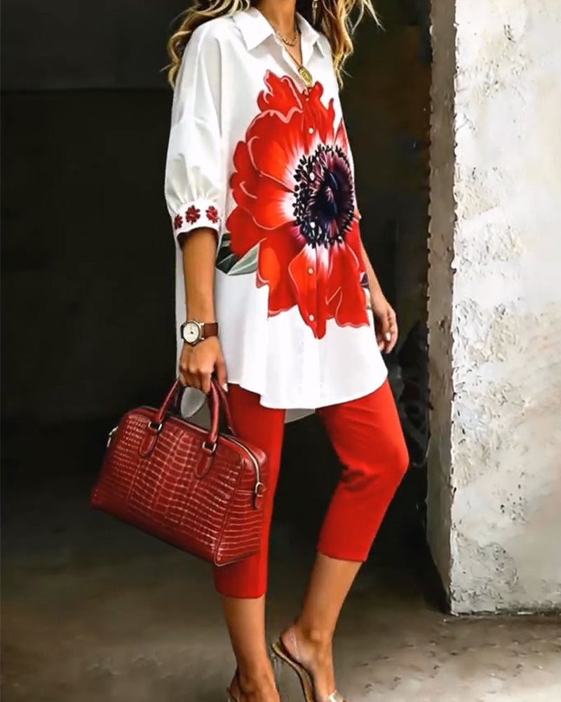Chemise Imprimé Grande Fleur Manche Bouffante