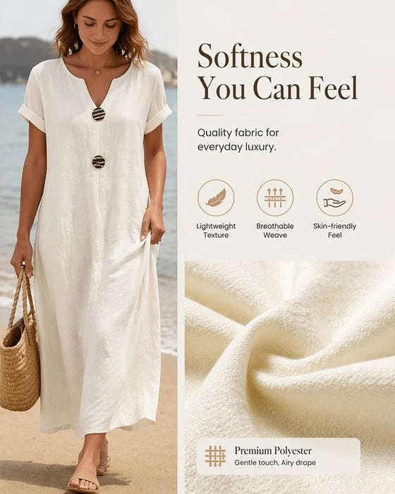 Robe Col V Manches Courtes Boutonnage