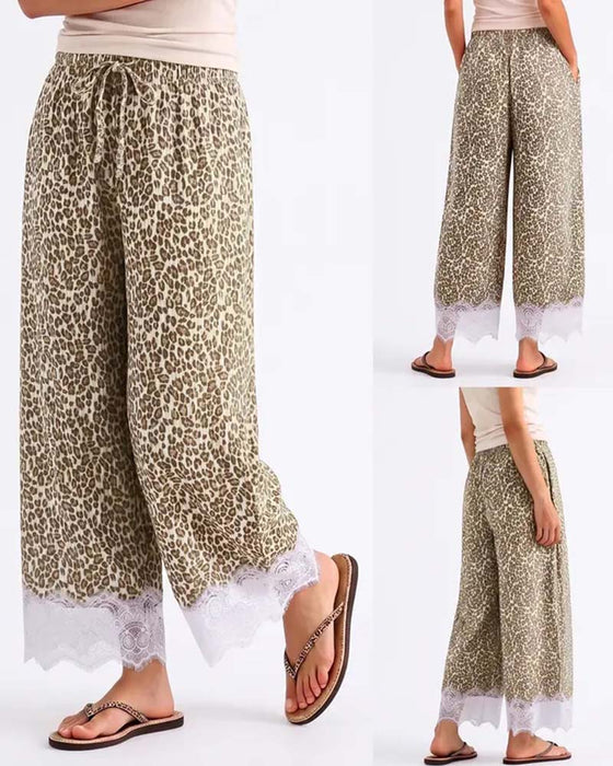 Pantalon Taille Élastique Léopard Dentelle Spliced Jambe Large