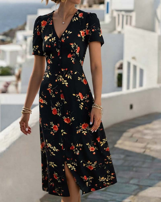 Robe Corolle À Col V Imprimé Floral Avec Une Fente