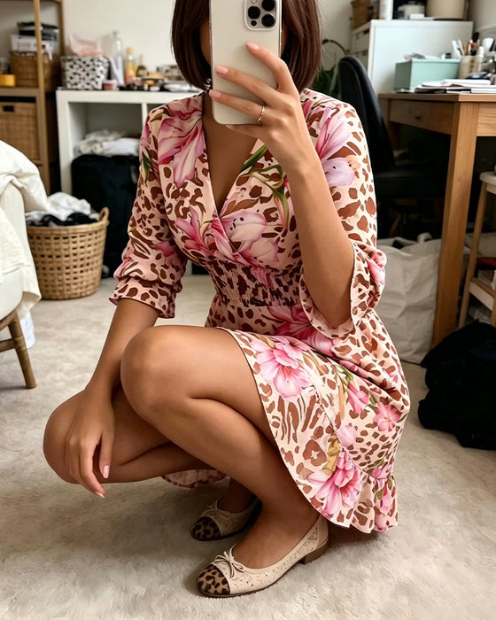 Robe Col V Imprimé Cintré Manche Ballon