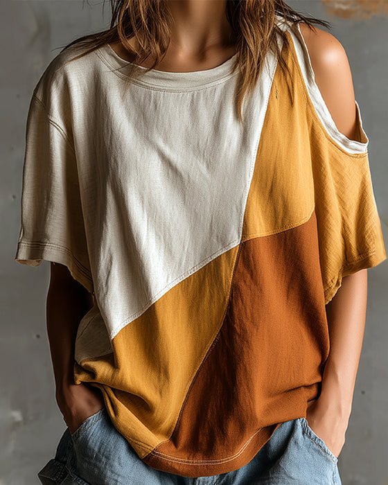 T-Shirt Bloc De Couleur Hors Épaule Lâche