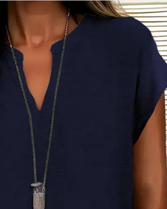 Blouse Décontractée Épaule Descendue Col En V Manches Courtes