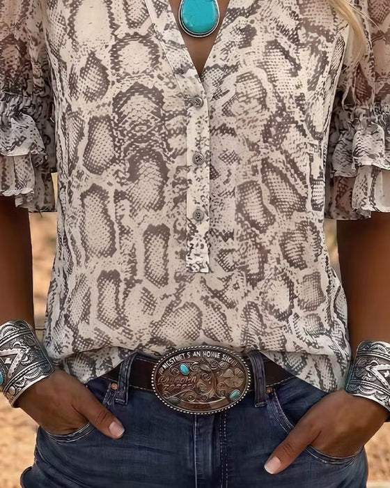Chemisier Motif Peau De Serpent Col V Manche Bouffante