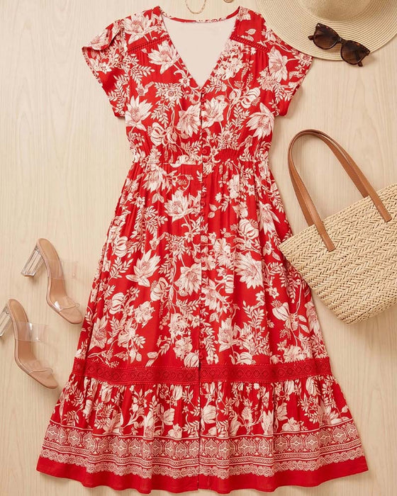 Robe Col V Florale Patchwork A-Ligne