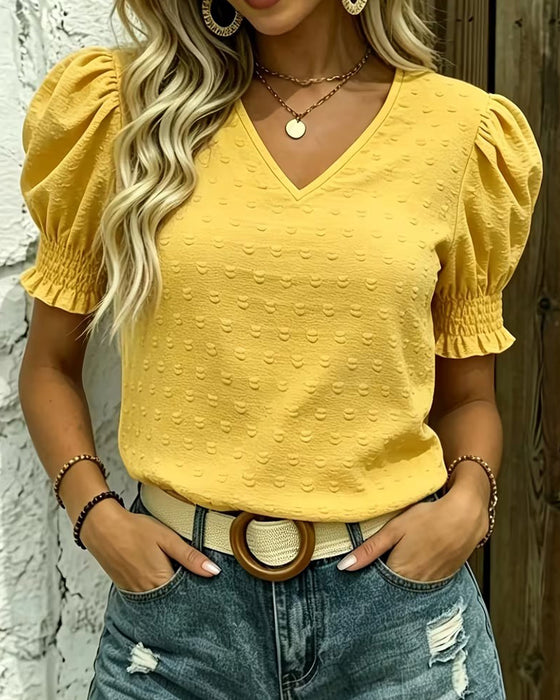 Blouse Manche Bouffante Col V Jacquard