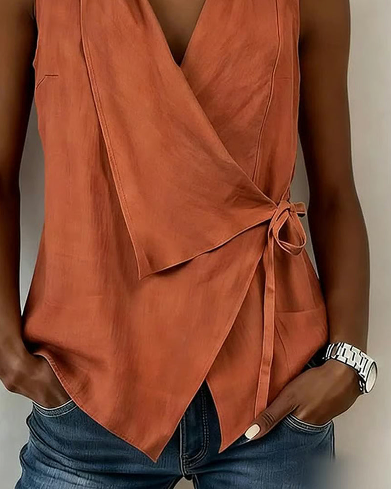 Débardeur Croisé Attache Coton-Lin Uni