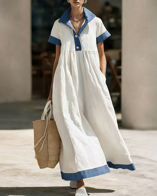 Robe Col Chemise Bloc De Couleur Jupe Ample