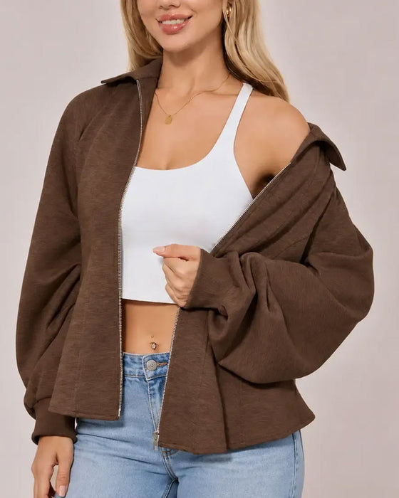 Manteau Revers Fermeture Éclair Taille Plissée