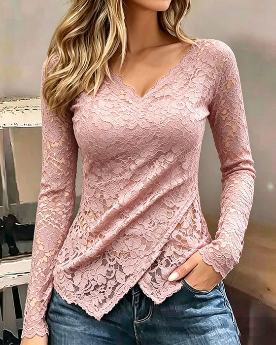 Top Encolure V Dentelle Irrégulier Manche Longue