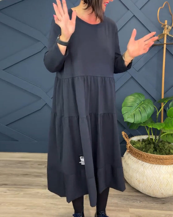 Robe décontractée de couleur unie à col rond et patchwork