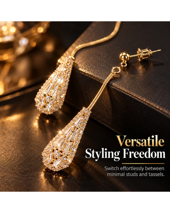Boucles D'Oreilles À Pompons Goutte D'Eau Réversibles Décorées De Zircon Élégantes Pour Femmes