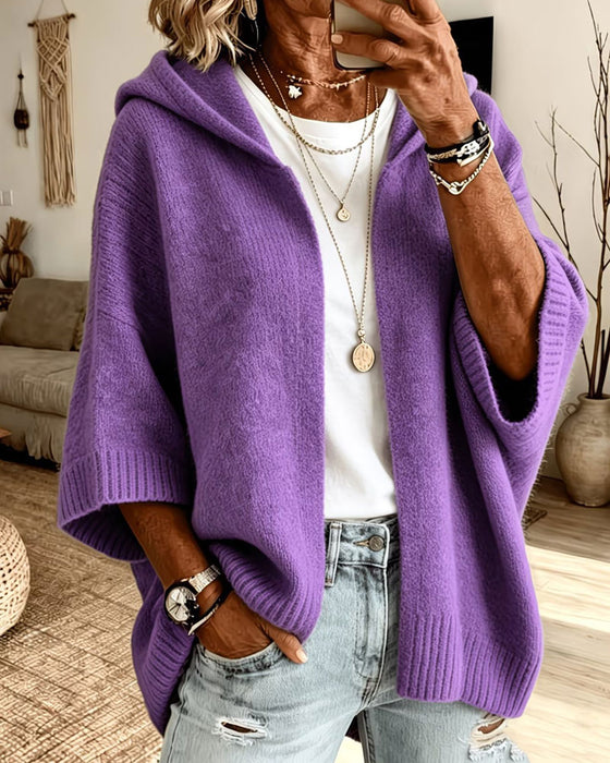 Cardigan 3/4 Manche Capuche Décontracté