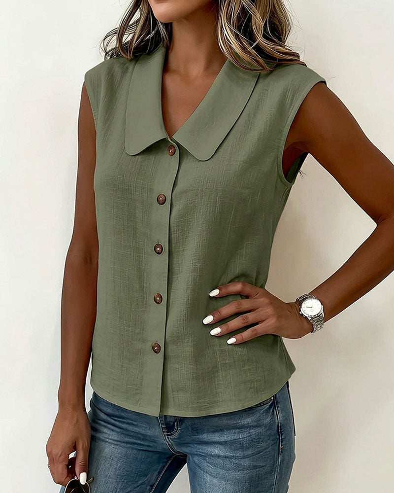 Chemise Sans Manches Col En Lin-Coton