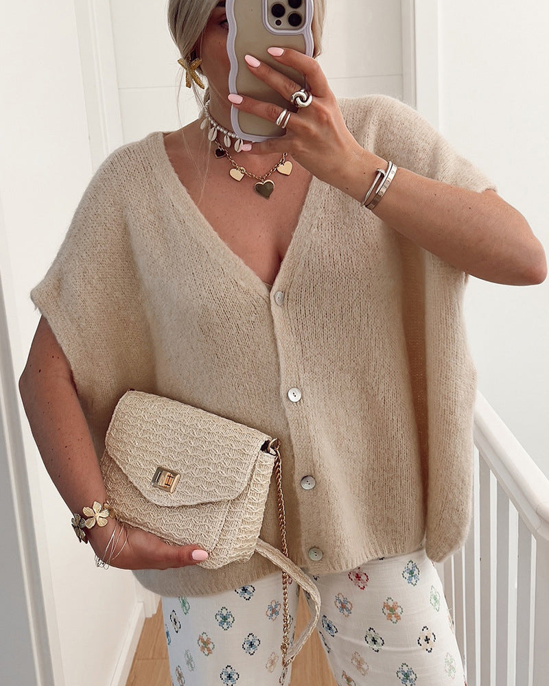 Cardigan Sans Manches Col En V Boutonnage Devant Pull