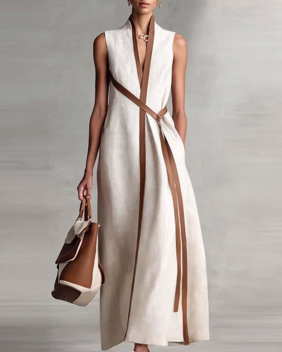 Robe Contraste Couleur Sans Manches Maxi