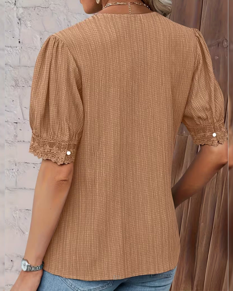 Chemisier Dentelle Patchwork Col V Manche Bouffante
