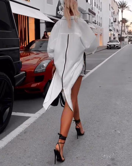 Chemise décontractée fendue à revers de couleur unie