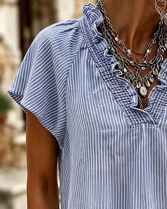 Blouse Col V Rayure Volant