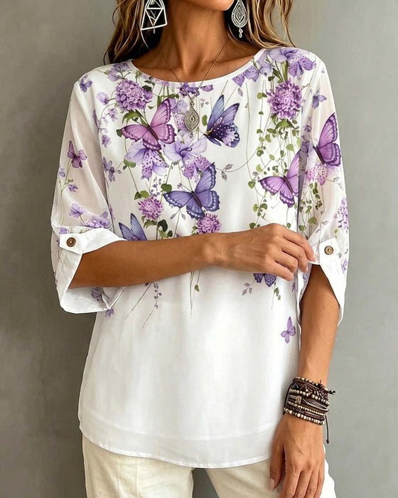 Blouse Col Rond Papillon Florale