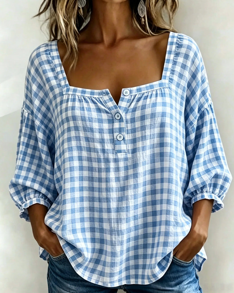Blouse Col Carré Boutonnage Ecossais