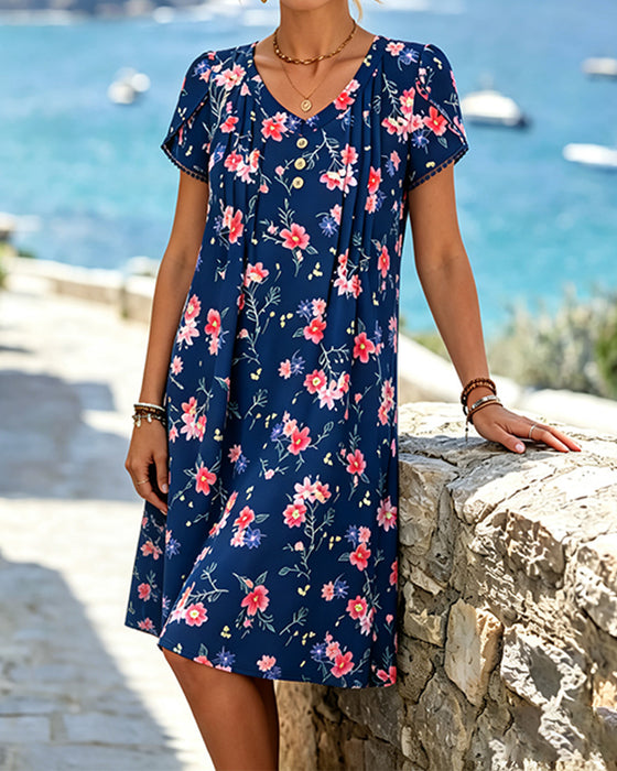 Robe Col V À Fleurs Manches Courtes