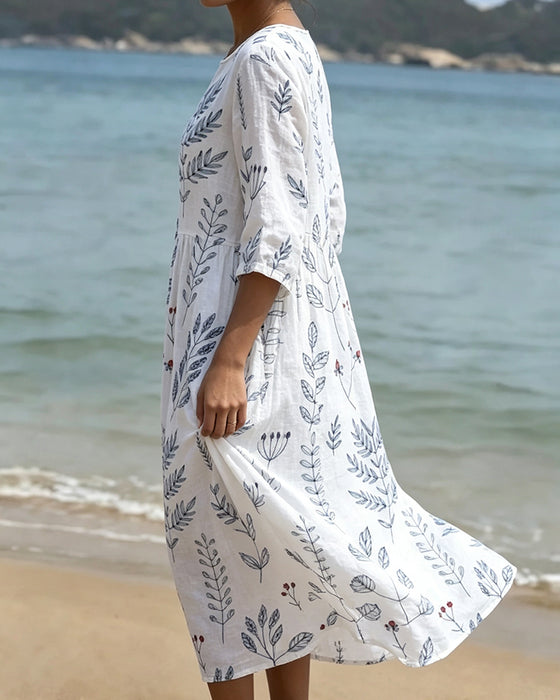 Robe Manches Courtes Col Rond Imprimé Feuille