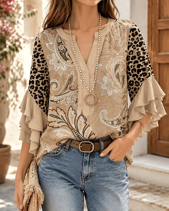Blouse Léopard Imprimé Panneau Volant Manche