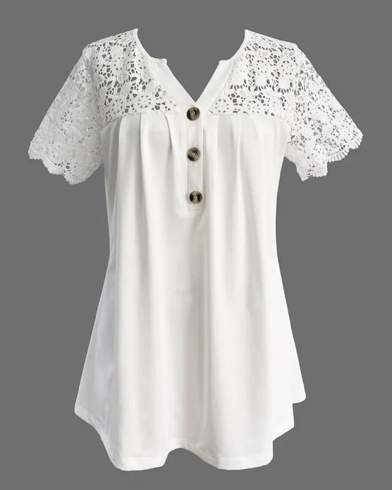 T-Shirt Creux Dentelle Patchwork Plissé