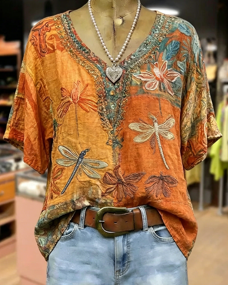 Blouse Vintage Imprimé Libellule Décontractée