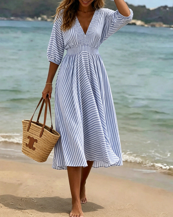 Robe Coupe A Rayée Manches Mi-Longues