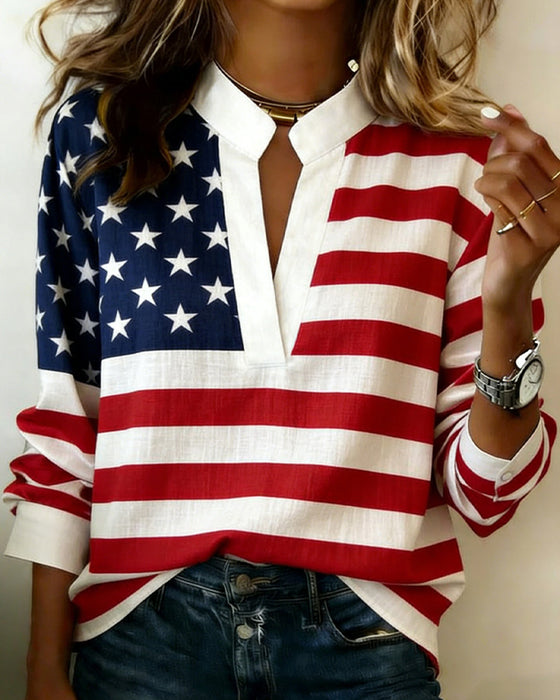 Bluse Flaggenprint Mandarin-Kragen V-Ausschnitt