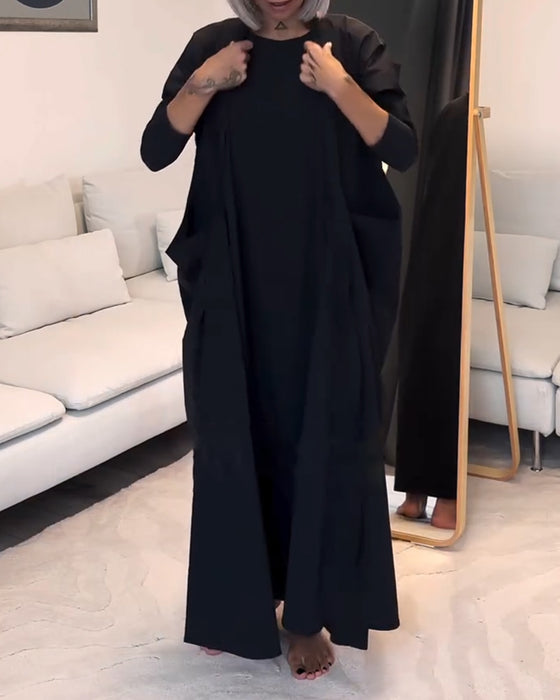Robe plissée à lacets de couleur unie à la mode avec col rond
