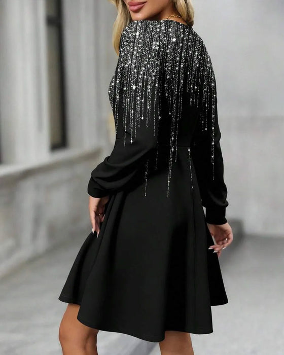 Robe Col V Manche Longue A-Ligne